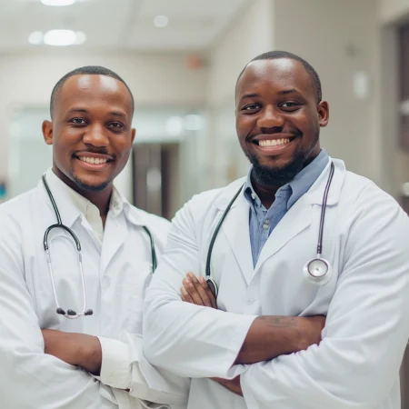 two-men-wearing-lab-coats-pose-picture